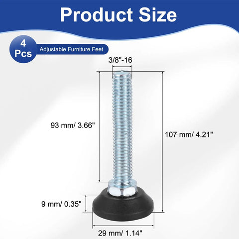 Dang Tough Adjustable Furniture Levelers, 3/8 16 Thread Screw In Feet for Tables Chairs Drawers, showing sizes and dimensions.