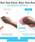 Comparison showing before and after using Pink Gel Wrist Rest Mouse Pad For Desk And Gaming, Ergonomic Comfort With Non Slip Silicone Surface And Rubber Base