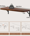 36 Inch Floating Wall Desk for Small Spaces, Space Saving Wall Mounted Table in Solid Pine Wood With Heavy Duty Brackets diagram
