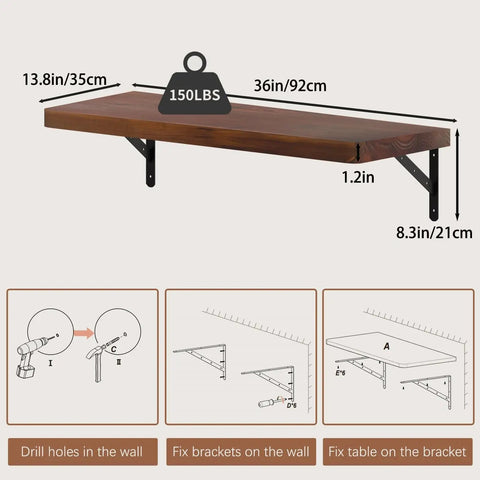 36 Inch Floating Wall Desk for Small Spaces, Space Saving Wall Mounted Table in Solid Pine Wood With Heavy Duty Brackets diagram