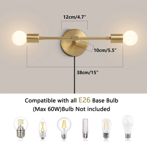 Gold Plug In Wall Sconce Two Light Bathroom Vanity Light Brass Wall Reading Light Retro Vibe Mid Century Modern Style