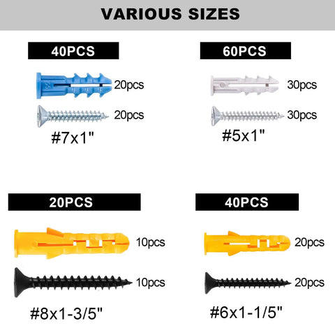 Knockout Drywall Anchors And Screws Assortment Kit Hella Tough Wall Plug Hardware in various sizes with screws and anchors.