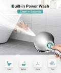 Hand holding chrome showerhead spraying water on bathroom wall demonstrating High Pressure 9 Settings Detachable Power Wash Handheld Showerhead
