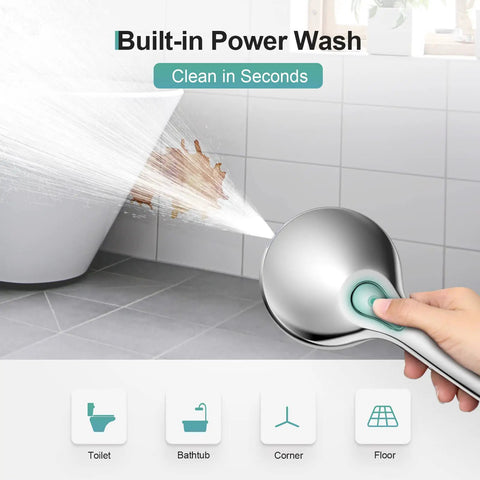 Hand holding chrome showerhead spraying water on bathroom wall demonstrating High Pressure 9 Settings Detachable Power Wash Handheld Showerhead