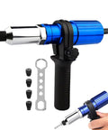 Cordless Drill Rivet Adapter Kit With Metal Head, Pop Rivet Tool Attachment and wrench with spare parts in blue and chrome finish.