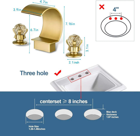 Gold Bathroom Sink Faucet With 3 Hole 2 Handle Crystal Knobs High Arc Waterfall Spout 8 Inch Widespread Vanity Basin Mixer Tap