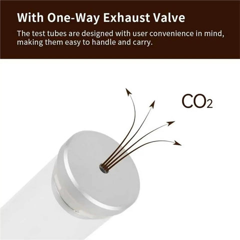 Single Dose Coffee Bean Storage Jars 14 Piece Glass Canisters With One Way Valve And Sturdy Metal Dispenser Stand showing exhaust valve design.