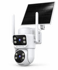 Super Crisp 8K Wireless Dual Lens Solar Security Camera with Heavy Duty Wall Mounts and All Season Weather Armor for Zero Hassle Porch Safety.