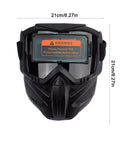 Front view of Top Shelf Auto Darkening Welding Helmet Full Face Arc Flash Shield Rig with warning label, ideal for welding safety.