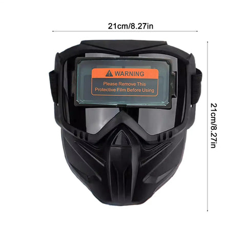 Front view of Top Shelf Auto Darkening Welding Helmet Full Face Arc Flash Shield Rig with warning label, ideal for welding safety.