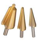 Three Piece HSS Titanium Plated Umbrella Chamfer Step Drill Bit Set For Chamfering And Quick Hole Opening Sizes 16 30.5mm 5 20mm 3 14mm