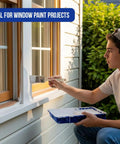 Young person using Paint Brush Set Two Pack With A Three Inch Flat Brush And Two And A Half Inch Angle Sash Brush For Cutting In Walls on window frame.