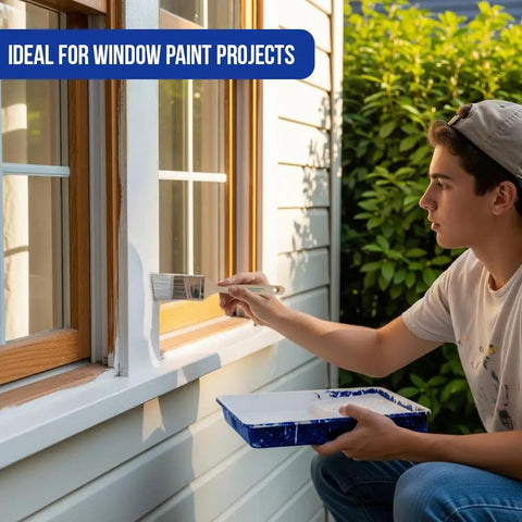 Young person using Paint Brush Set Two Pack With A Three Inch Flat Brush And Two And A Half Inch Angle Sash Brush For Cutting In Walls on window frame.