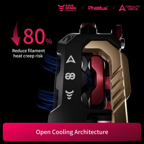 DXC2 Magnetic Extruder Upgrade For Creality K2 Series 3D Printers showing open cooling architecture and heat reduction design.