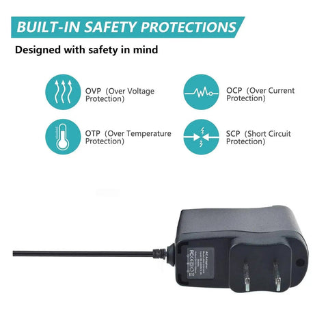 4V AC Charger for Cordless Screwdrivers Circle Tip Worldwide 100 to 240V Input Replacement Dope Fast Charge Power Adapter 100 Percent Compatible With HP44L HP34L Over Voltage And Overheat Protection Portable And High Efficiency. Black charger with safety protection features and plug, designed with over voltage, current, and temperature protection icons.