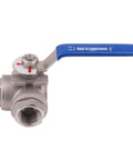 Three Way Ball Valve With T Mounting Pad Built Tough Stainless Steel 304 With Vinyl Locking Handle Three Quarter Inch NPT 1000 WOG