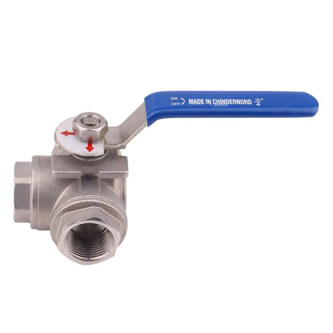 Three Way Ball Valve With T Mounting Pad Built Tough Stainless Steel 304 With Vinyl Locking Handle Three Quarter Inch NPT 1000 WOG