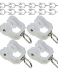 Smooth Operation Curtain Track Pulley Set Featuring Rock Solid Plastic Double Wheel Rollers For Seamless Sliding On Straight Or Curved Tracks with four white rollers and clips.
