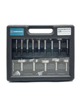 Front view of Cortool 16-piece Forstner bit set with hex/multi-sided shanks in a black plastic carrying case