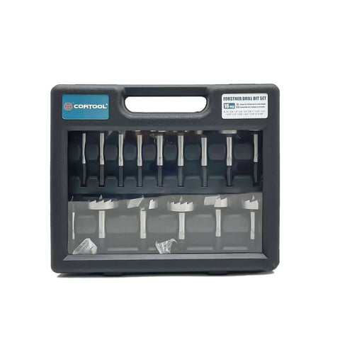 Front view of Cortool 16-piece Forstner bit set with hex/multi-sided shanks in a black plastic carrying case