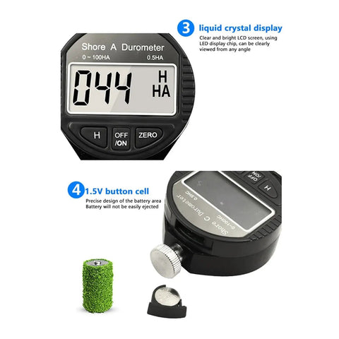 Hella Precise Electronic Digital Shore Durometer Type A D C Hardness Tester Meter displaying reading on bright LCD screen.
