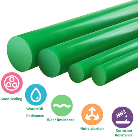 Green sealing rods with icons for sealing, resistance, and durability, Pro Grade 805 Piece Rubber O Ring Kit For Cars And Home Repairs.
