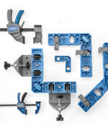 Clamp It Corner Woodworking Jig For 90 Degree Right Angle Cabinet Assembly Hands Free Pro Grade Panel Positioning And Precise Alignment In Woodworking Cabinets Casework And Carpentry Projects, shown in multiple pieces with clamps and brackets in blue and gray
