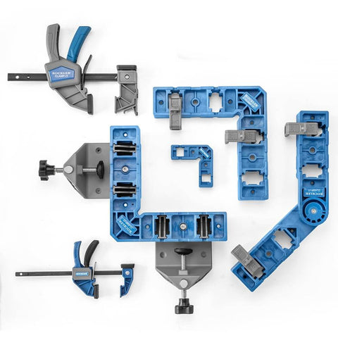 Clamp It Corner Woodworking Jig For 90 Degree Right Angle Cabinet Assembly Hands Free Pro Grade Panel Positioning And Precise Alignment In Woodworking Cabinets Casework And Carpentry Projects, shown in multiple pieces with clamps and brackets in blue and gray