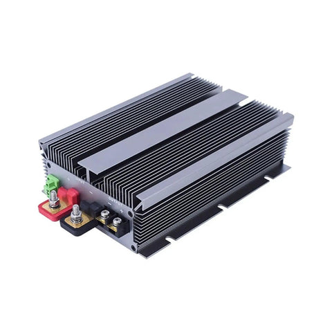 Badass 12V To 14.6V DC DC Step Up Converter 80A Boost Module For Cars Trucks Boats RV, aluminum casing with fins for heat dissipation.
