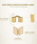 Gold Finish Hidden Barrel Hinge for Woodworking and Cabinets 180 Degree Pivot Inside Mount No Visible Exterior Plate