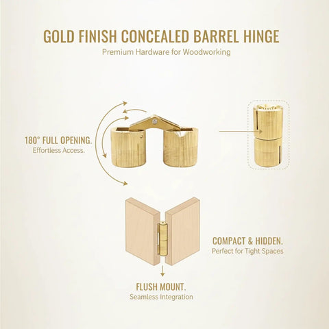Gold Finish Hidden Barrel Hinge for Woodworking and Cabinets 180 Degree Pivot Inside Mount No Visible Exterior Plate