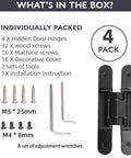 Rock Solid Black Hidden Door Hinges For Flush Wood Panels, showing 4 pack with screws and tools included.