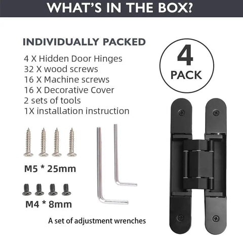 Rock Solid Black Hidden Door Hinges For Flush Wood Panels, showing 4 pack with screws and tools included.