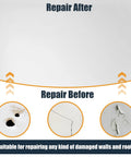 Before and after wall repair using 8 Pack Drywall Repair Kit For Large Holes With Six To Eight And Twelve Inch Patch Sets Self Adhesive Mesh Scraper And Sandpaper Heavy Duty Wall And Ceiling Repair.