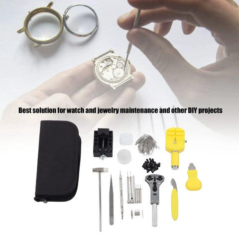 147-Piece Watch Maintenance Kit For DIY Repairs with tools, storage bag, and watch mechanism in hand.
