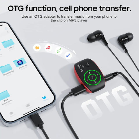 Smartphone transferring music to Clip-On MP3 Player With LED Light, 8GB Mini Music Player For Sports, Gym, Running And Jogging.