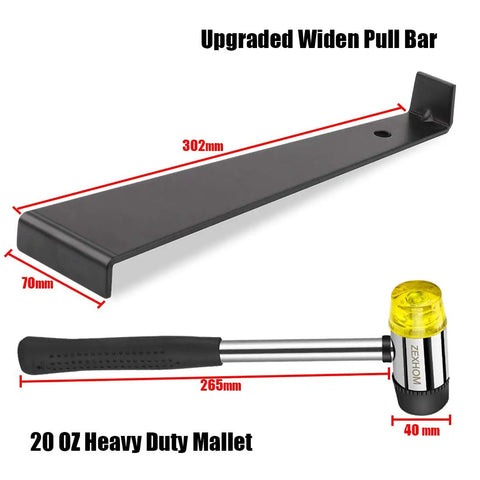 Pro Grade Laminate Flooring Installation Kit showing widened pull bar and heavy-duty 20 oz mallet with measurements.