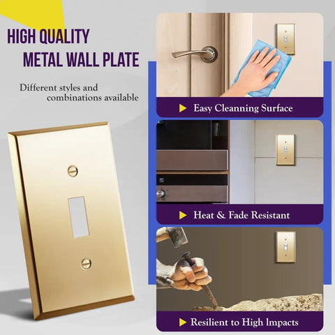 Polished Brass 1-Gang Toggle Light Switch Wall Plate In Gold Finish, Durable Brass Color, Corrosion-Resistant, 4.50 By 2.76 Inches, Built To Last, Tough As Nails, Heavy Duty Cover, Smooth Finish, Pack Of 10 shown with features like easy cleaning, heat resistance, and impact resilience