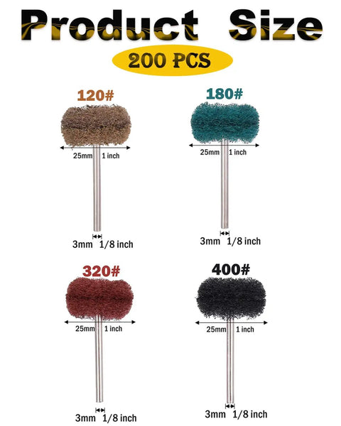 80Pcs 1In Rotary Tool Buffing and Polishing Wheel Set with 25mm abrasive wheels and 3mm shank, showing grits brown 120, green 180, red 320, black 400, 200 pieces total.