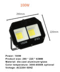 JUDYSSY Bright Led Floodlight 30W-600W， image showing a 100W waterproof spotlight with aluminum and glass, dimensions 290x220mm.
