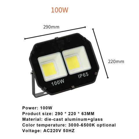 JUDYSSY Bright Led Floodlight 30W-600W， image showing a 100W waterproof spotlight with aluminum and glass, dimensions 290x220mm.