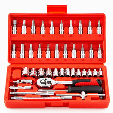 46 Piece One Quarter Inch Drive Socket Ratchet Set for Auto and Home Repair in red case, including bit sockets and rubber grip handle.