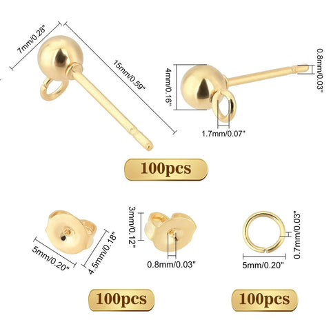 18K Gold Plated Ball Post Earring Studs With Loop Kit For DIY Earrings Making, 300 Pieces Including 100 Loop Posts, 100 Stainless Steel Open Jump Rings, And 100 Ear Nuts For Jewelry Crafting; 7mm stud with 5mm ring