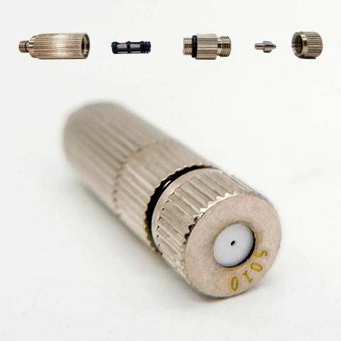 Close-up of Outdoor Misting Nozzles Set, Stainless Steel High-Pressure Fogger Heads, 20 Pack with 0.3mm and 0.5mm Orifices