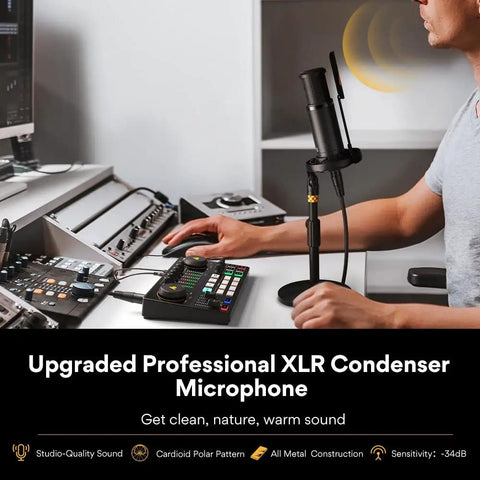 Person using Pro Grade Podcast Gear Bundle With Audio Interface And XLR Condenser Microphone, mixing controls visible