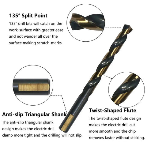 Heavy Duty Setup 6 Piece One Half Inch Black Gold High Speed Twist Drill Bit Set showing 135° split point and anti-slip triangular shank.