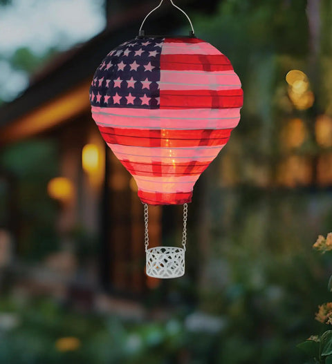 Patriotic Pop-Up Hot Air Balloon Solar Lantern With LED Light weather-resistant metal and polyester outdoor decor glowing at night