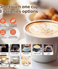 Top Shelf Fully Automatic Espresso Coffee Maker With Integrated Milk Frother Precision Bean Grinder And One Touch Operation For No Sweat Slick Daily Brewing At Home options for eight coffee types displayed.