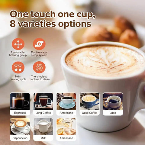 Top Shelf Fully Automatic Espresso Coffee Maker With Integrated Milk Frother Precision Bean Grinder And One Touch Operation For No Sweat Slick Daily Brewing At Home options for eight coffee types displayed.