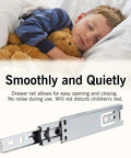 Two Pack Five Inch Soft Close Drawer Slides Featuring Heavy Duty Steel Rails With Slick Ball Bearing Glide For Easy Side Mount Cabinet Install, shown beside a sleeping child.